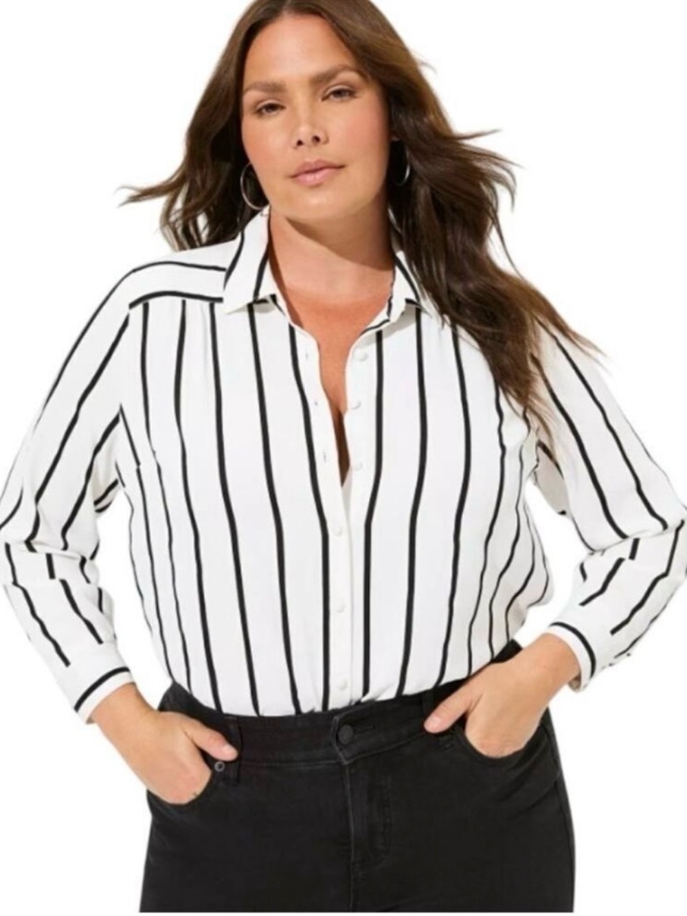 Torrid Classic Black & White Stripe Button-Front Blouse